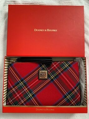 Dooney & Bourke Red Tartan Zip Pouch with Black Tassel NWT & Box